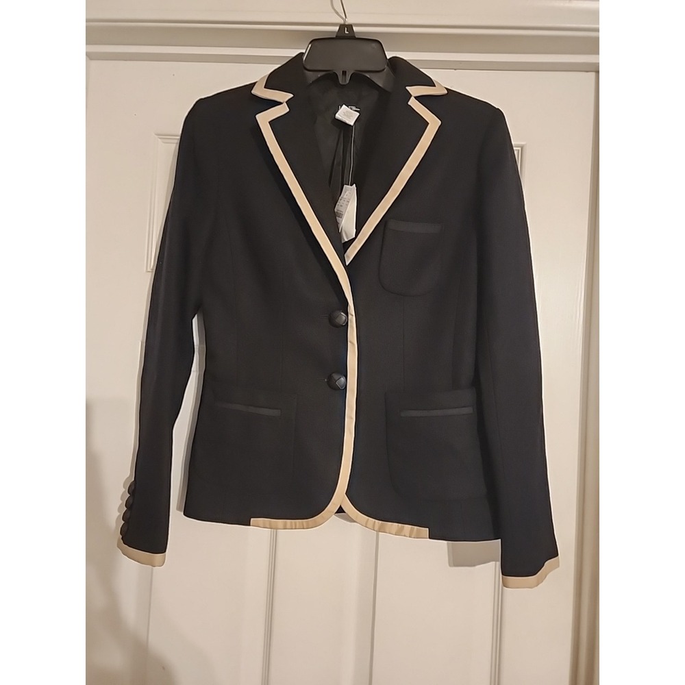 J Crew Women Schoolboy Blazer Jacket Black Cream 2 Leather Button Wool Contrast